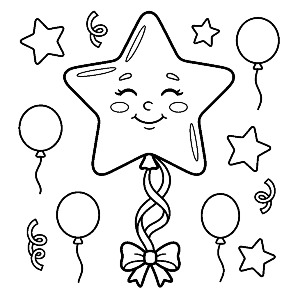 A star-shaped balloon floating on a ribbon coloring page