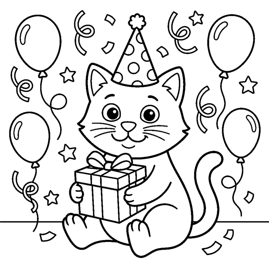 A friendly cartoon cat wearing a party hat and holding a gift coloring page