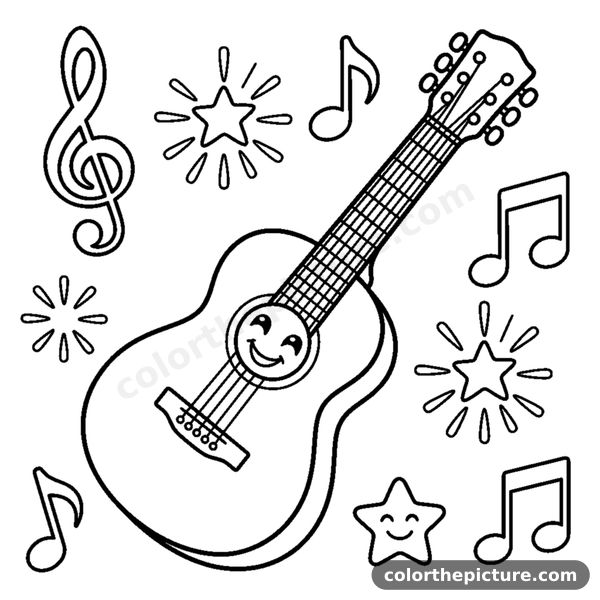 A smiling acoustic guitar with six strings and a sound hole coloring page