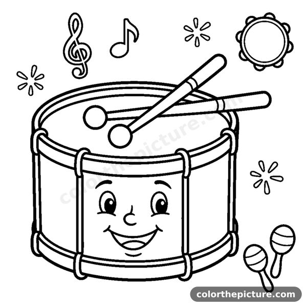 A cheerful cartoon drum with drumsticks resting on top coloring page