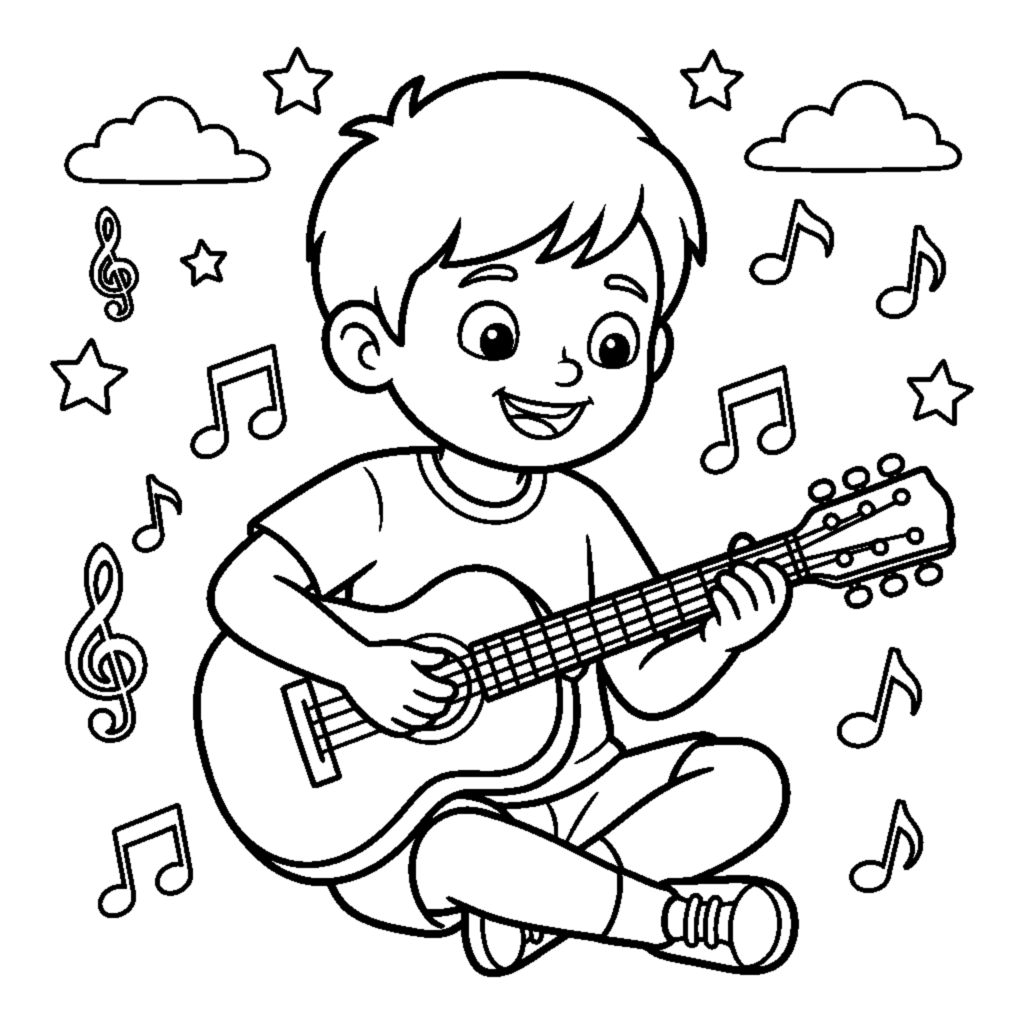 A happy child sitting and playing a small guitar coloring page