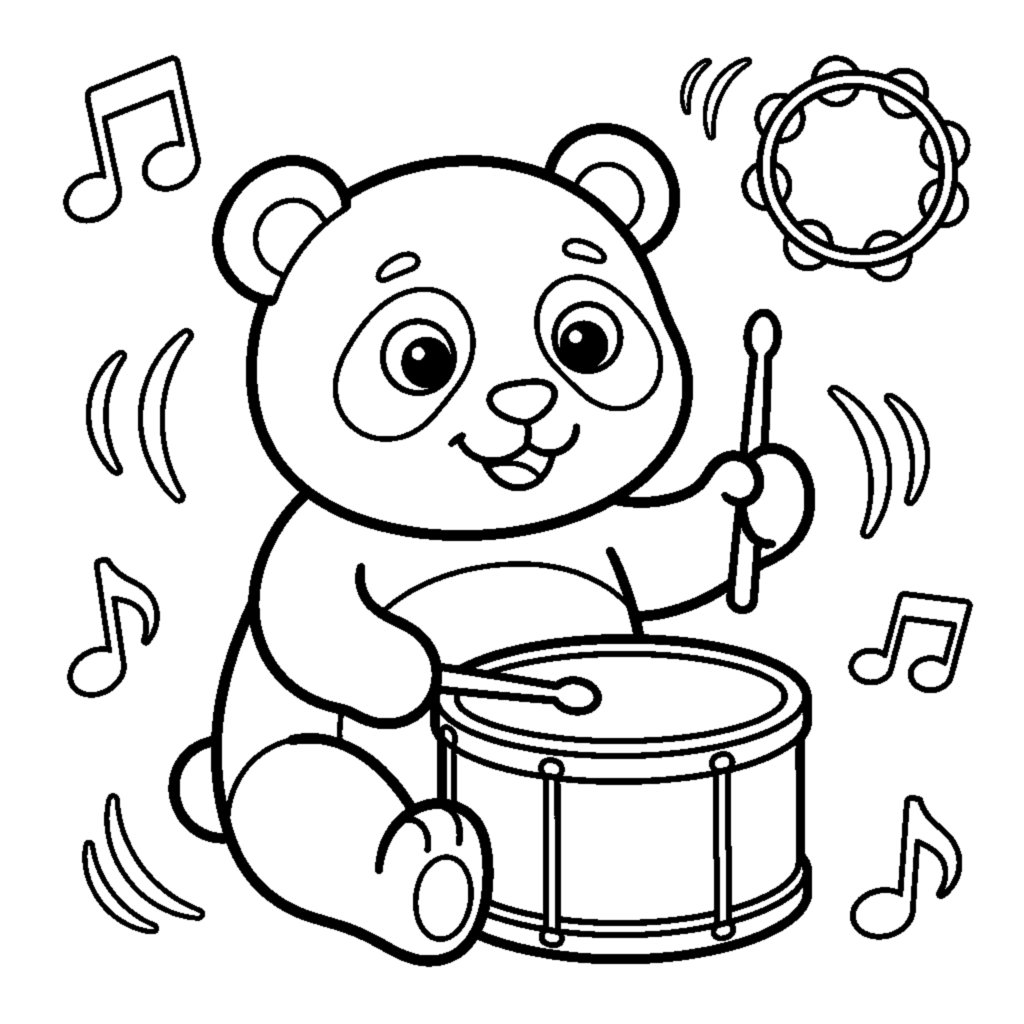 A cute panda tapping a drum with drumsticks coloring page