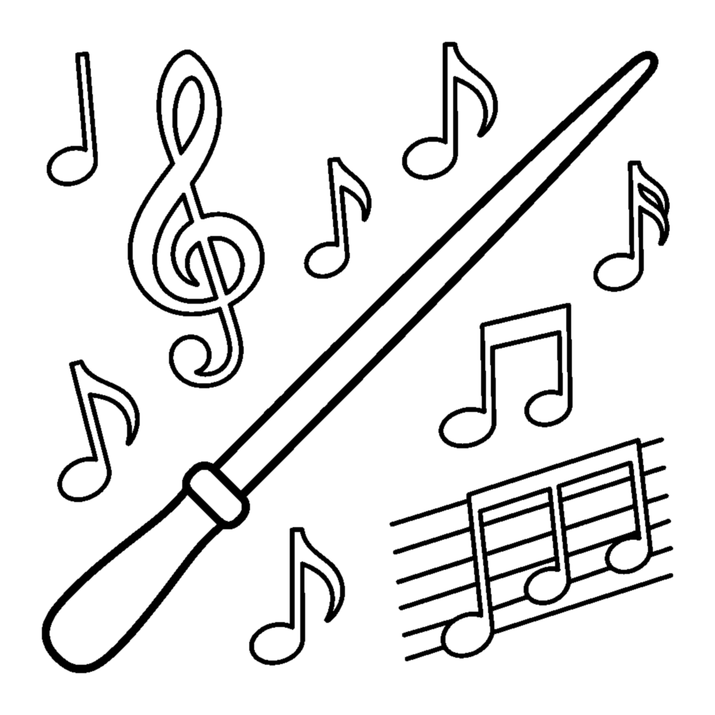 A conductor's baton with musical notes floating around it coloring page