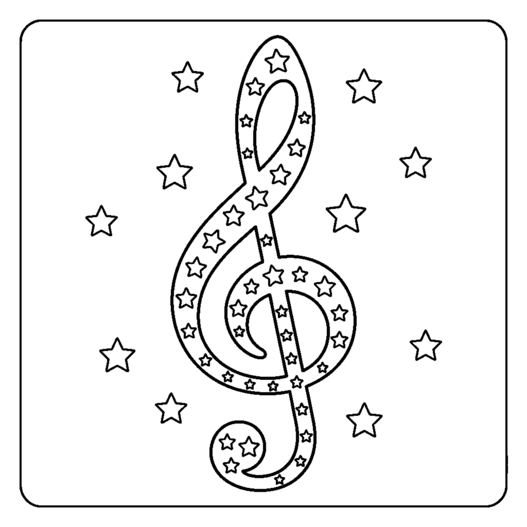 A treble clef symbol decorated with tiny stars coloring page