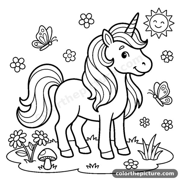 A cute unicorn with a flowing mane standing in a flower meadow coloring page
