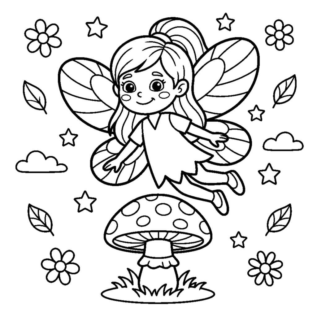 A fairy with big round wings hovering over a mushroom coloring page