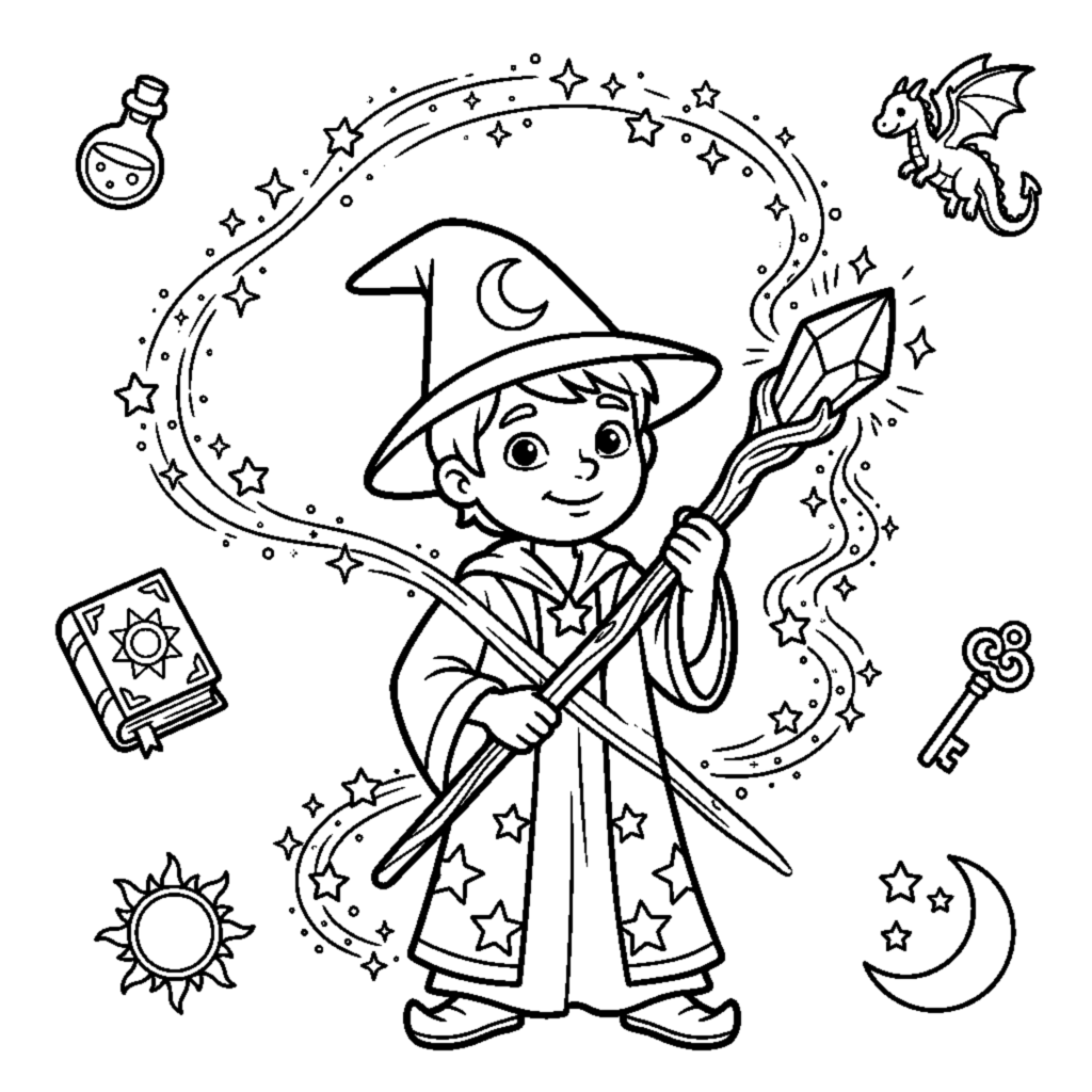 A young wizard holding a magic staff with a swirl of sparkles coloring page