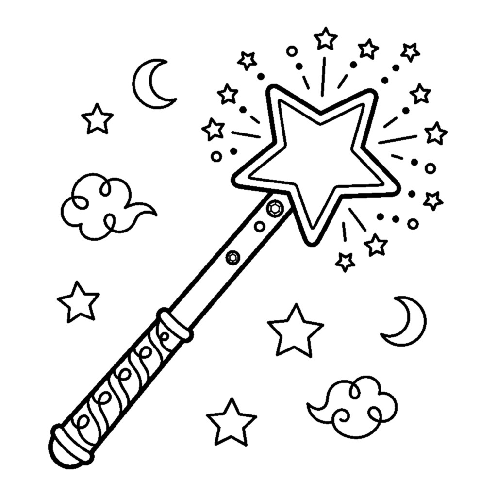 A magic wand with a star tip surrounded by sparkles coloring page