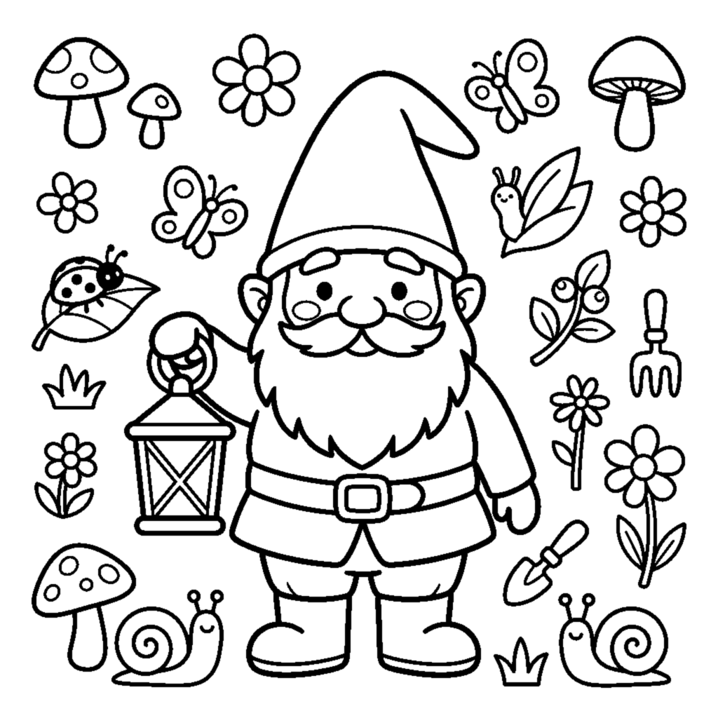 A chubby garden gnome with a pointed hat holding a lantern coloring page
