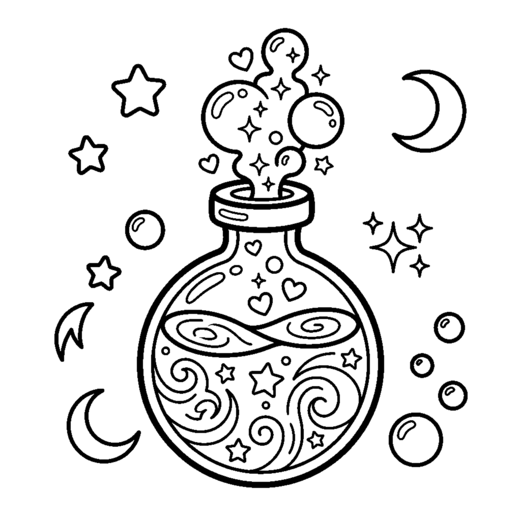 A bubbling magic potion bottle with hearts and stars rising up coloring page