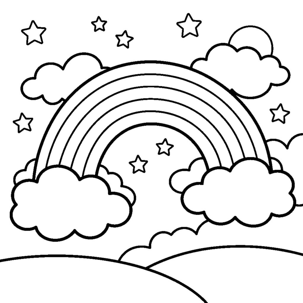 A big rainbow arching over fluffy clouds with scattered stars coloring page