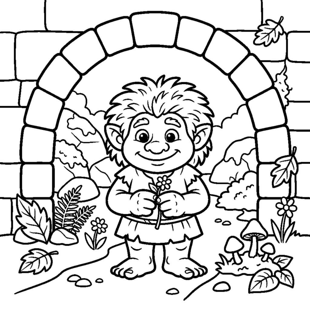 A friendly troll under a stone bridge holding a tiny flower coloring page