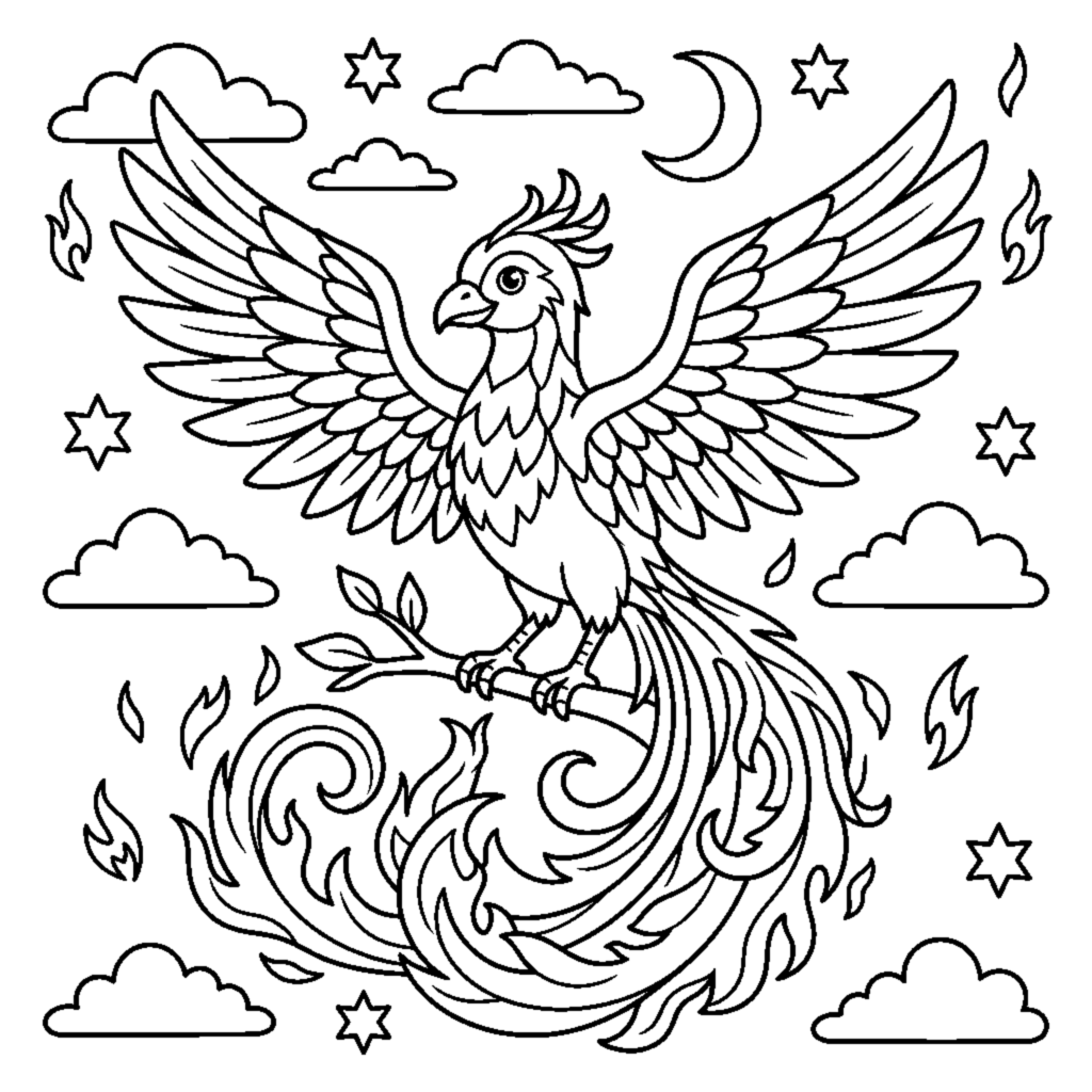 A phoenix bird with spread wings and a curly flame tail coloring page