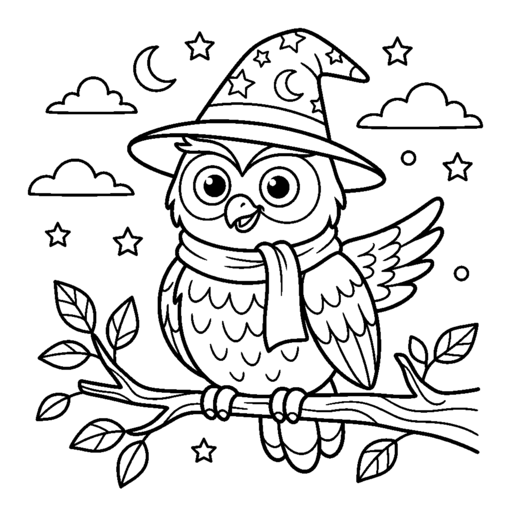 A wise owl wearing a wizard hat perched on a branch coloring page
