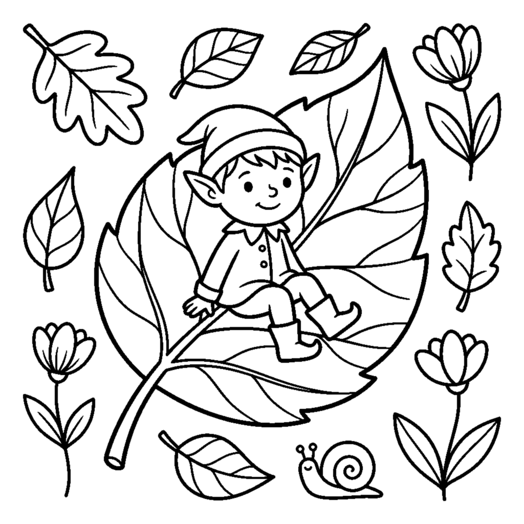 A tiny elf with pointy ears sitting on a giant leaf coloring page