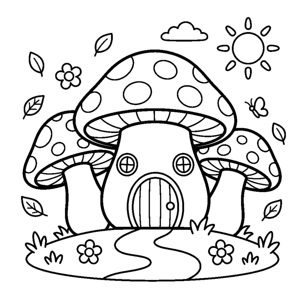 A group of toadstool mushroom houses with round doors and windows coloring page