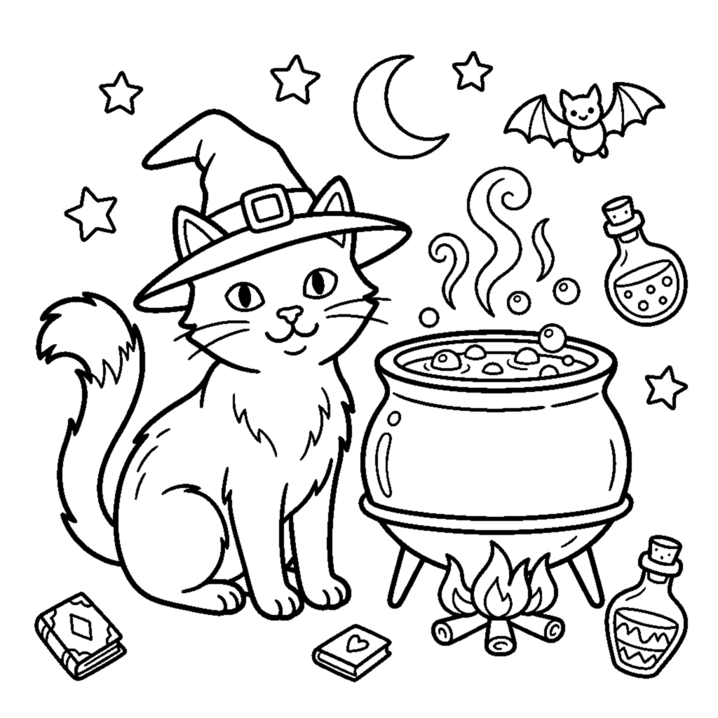A witch's cat sitting beside a bubbling cauldron coloring page