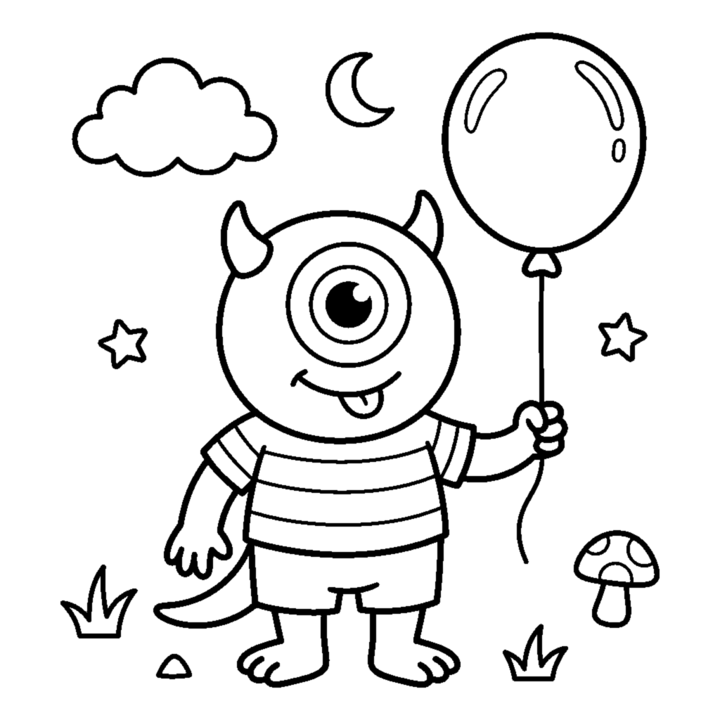 A friendly cyclops with one big eye holding a balloon coloring page