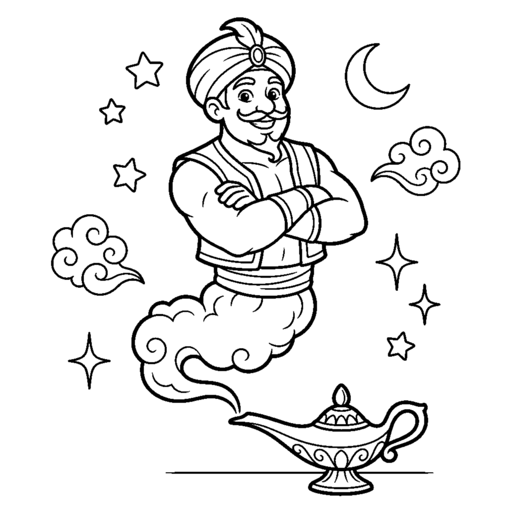A genie with folded arms floating above a magic lamp coloring page
