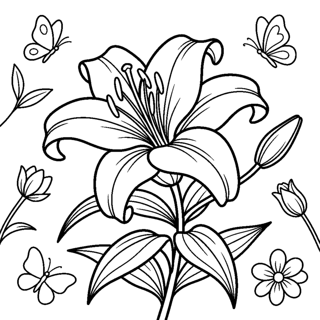 An elegant lily with large curved petals and long stamens on a leafy stem coloring page