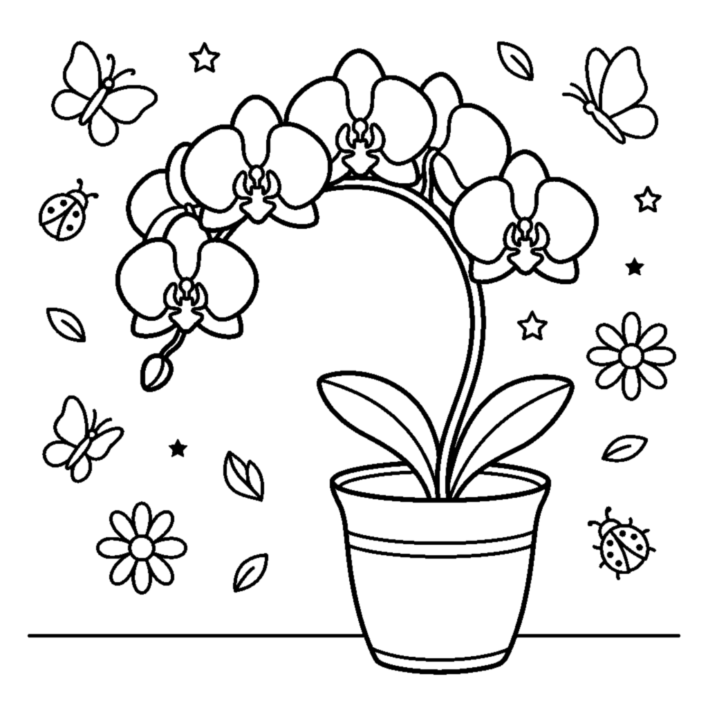 A pretty orchid stem with several blooms arching gracefully from a small pot coloring page