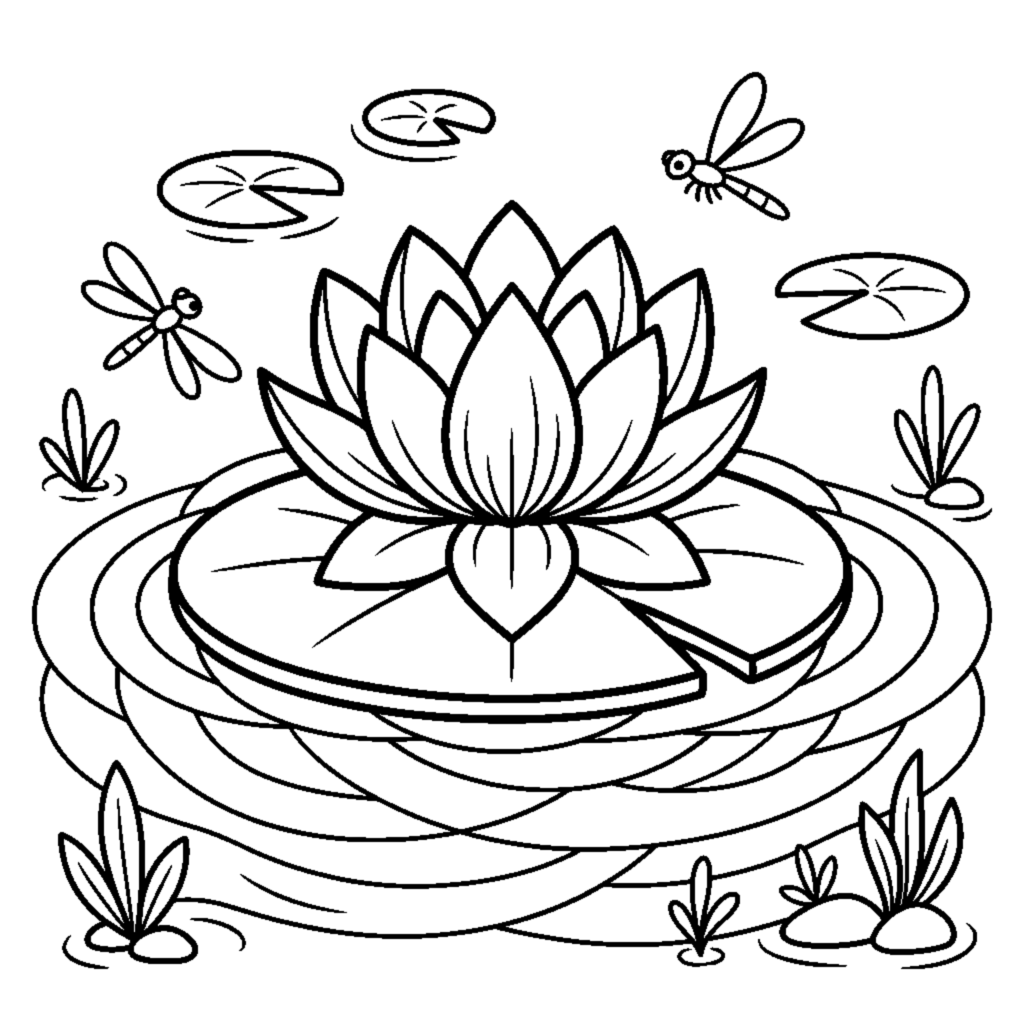 A calm lotus flower floating on a lily pad with pointed layered petals on the water coloring page