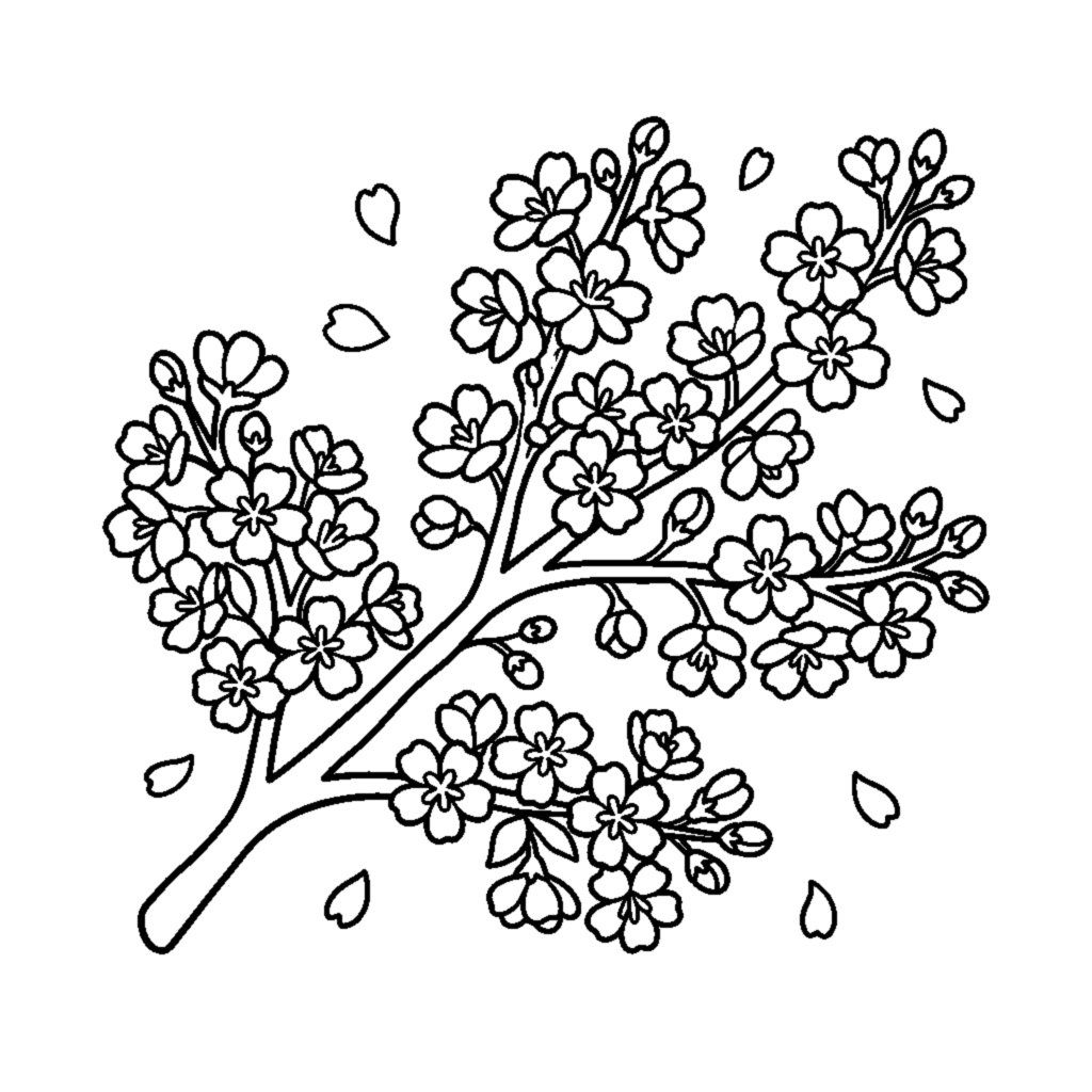 A cherry blossom branch covered with many small five-petal flowers and tiny buds coloring page