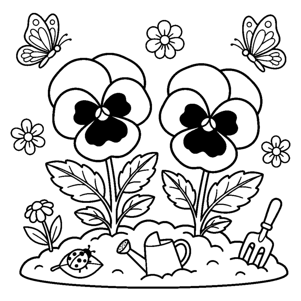 A pair of pansies with rounded overlapping petals side by side in a garden bed coloring page