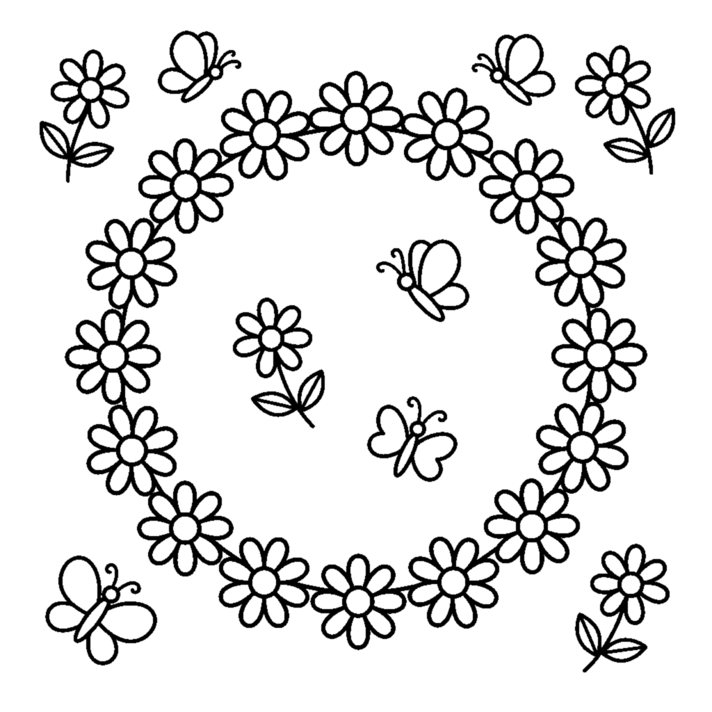 A daisy chain of small connected flowers laid out in a gentle looping circle coloring page