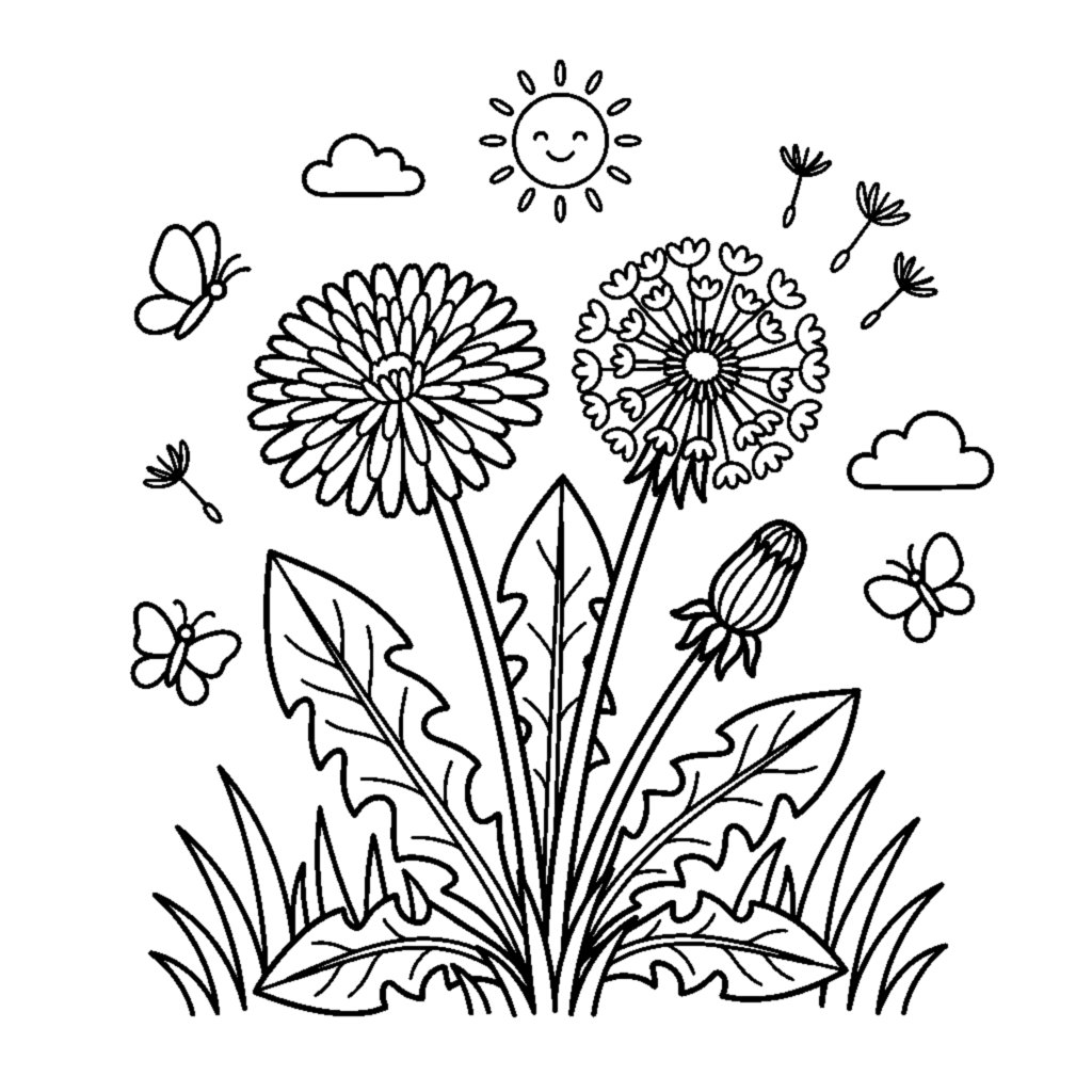 A cluster of three round dandelions, one in bloom and one turned to a fluffy seed puff coloring page