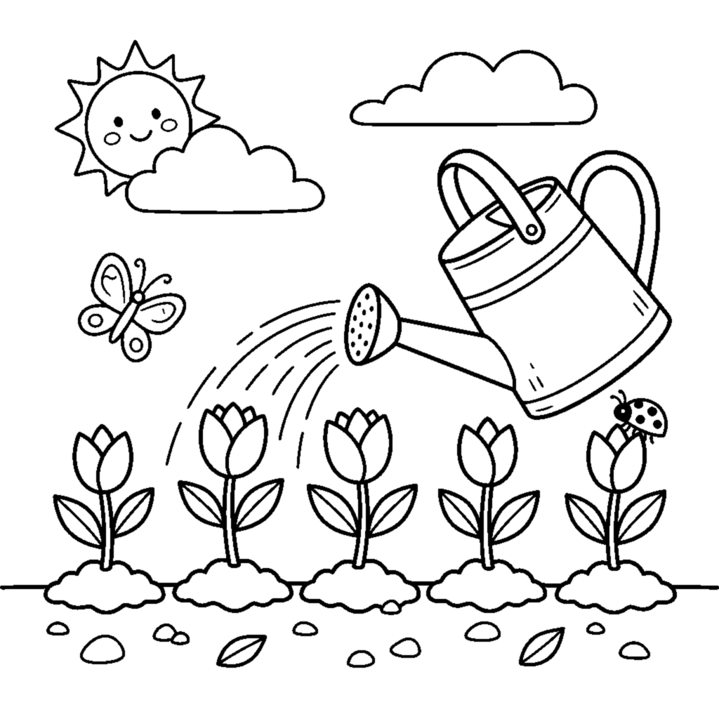 A watering can tipped beside a row of little sprouting flowers in the soil coloring page