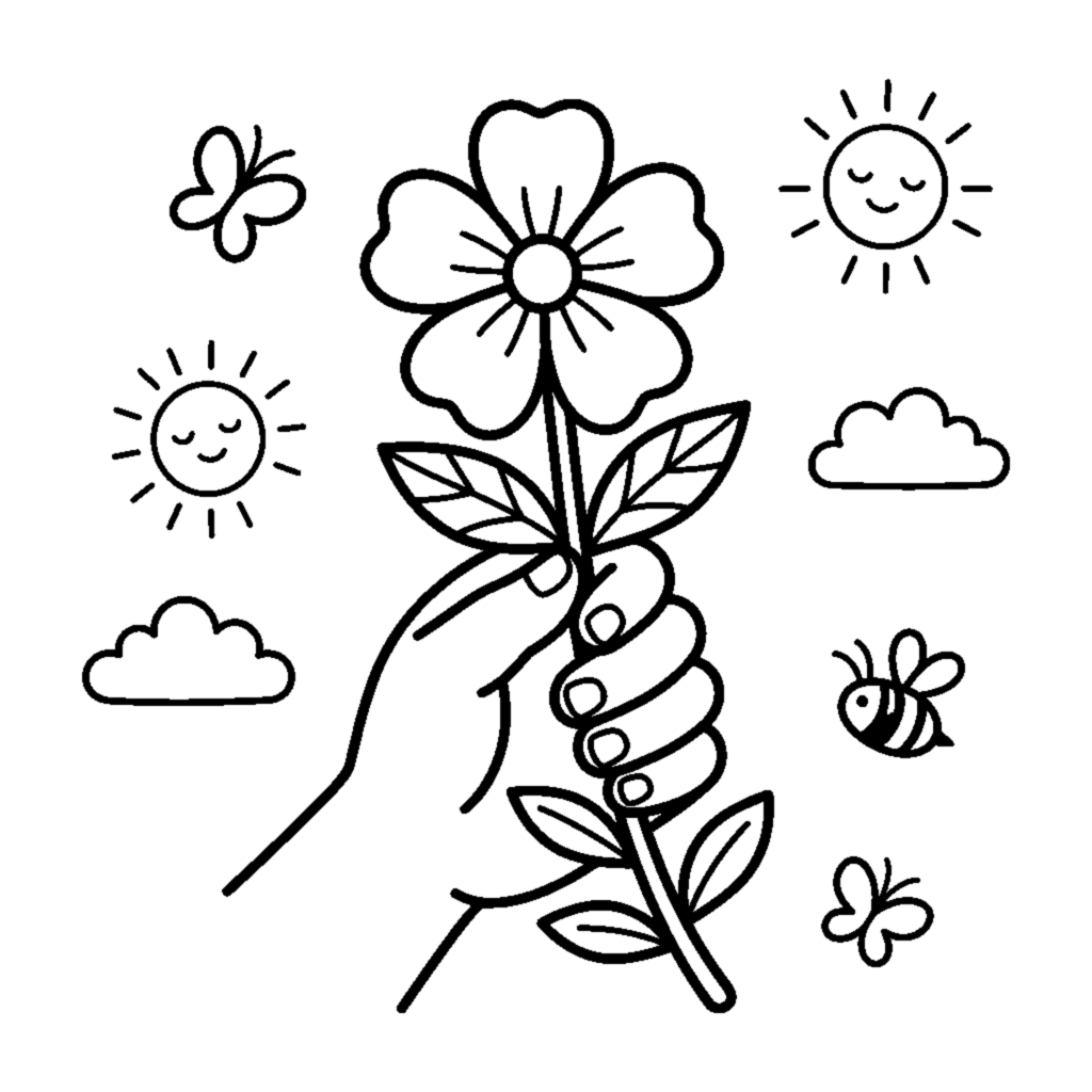 A single flower being held up in a child-sized hand with a leafy stem below coloring page