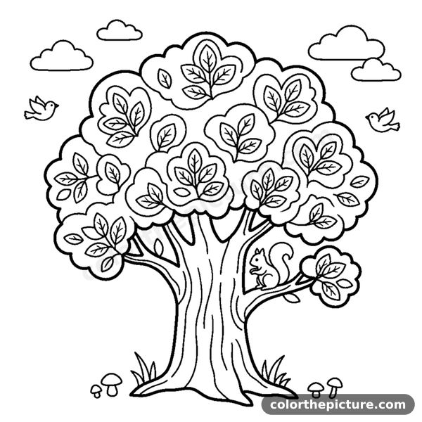 A tall oak tree with a wide leafy crown and a sturdy trunk reaching the bottom edge coloring page