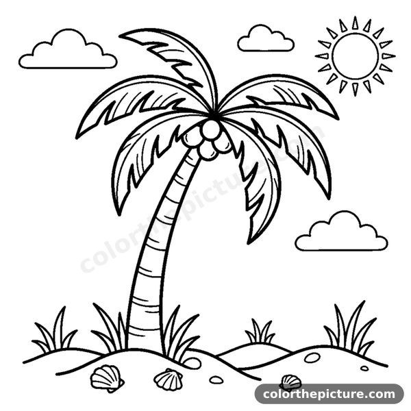 A tall palm tree with long curved fronds and coconuts near the top coloring page