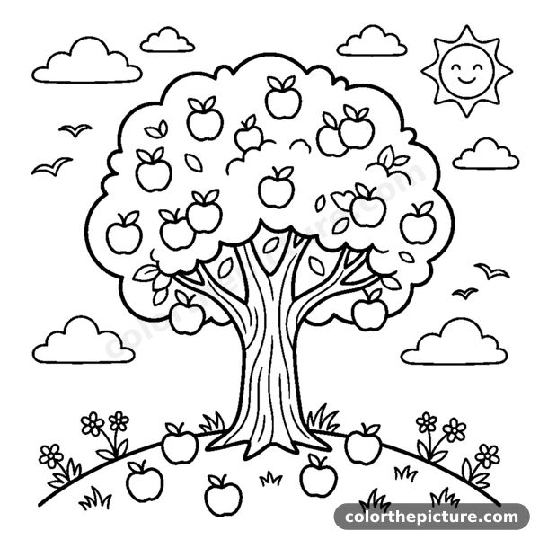 An apple tree covered in round apples with a few apples resting on the ground coloring page