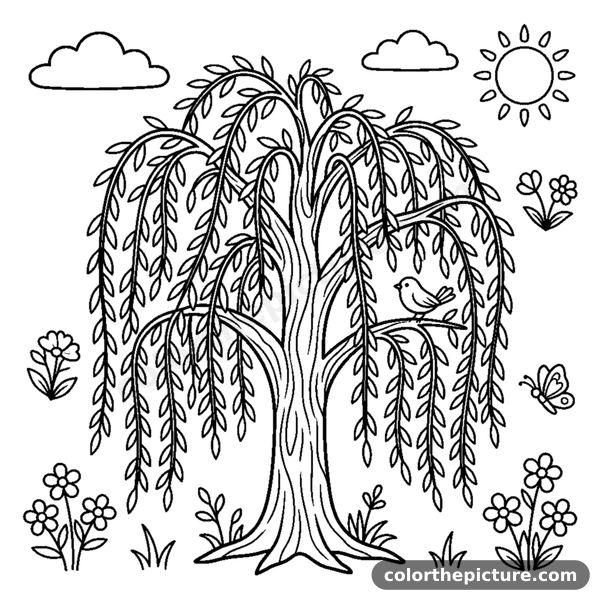 A weeping willow tree with long droopy hanging branches sweeping toward the ground coloring page