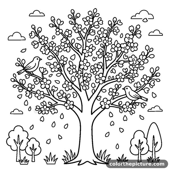 A cherry blossom tree covered in tiny round blossoms with petals floating down coloring page