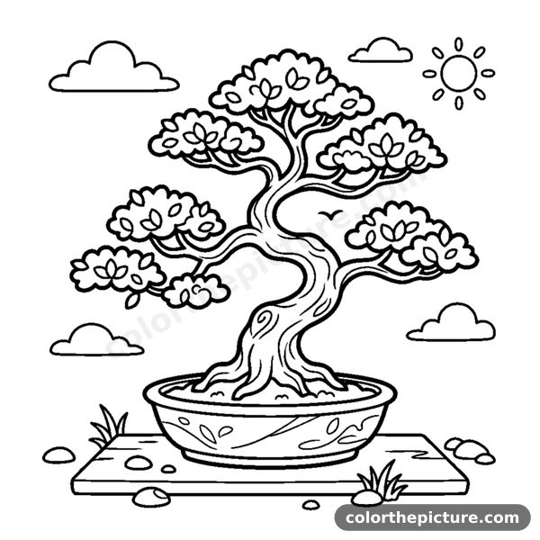 A small bonsai tree with a curvy trunk sitting in a shallow pot coloring page