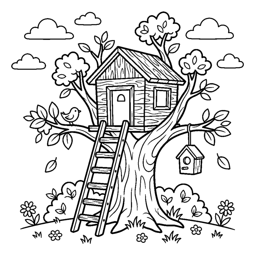 A big tree with a cozy wooden treehouse nestled in its branches and a ladder coloring page