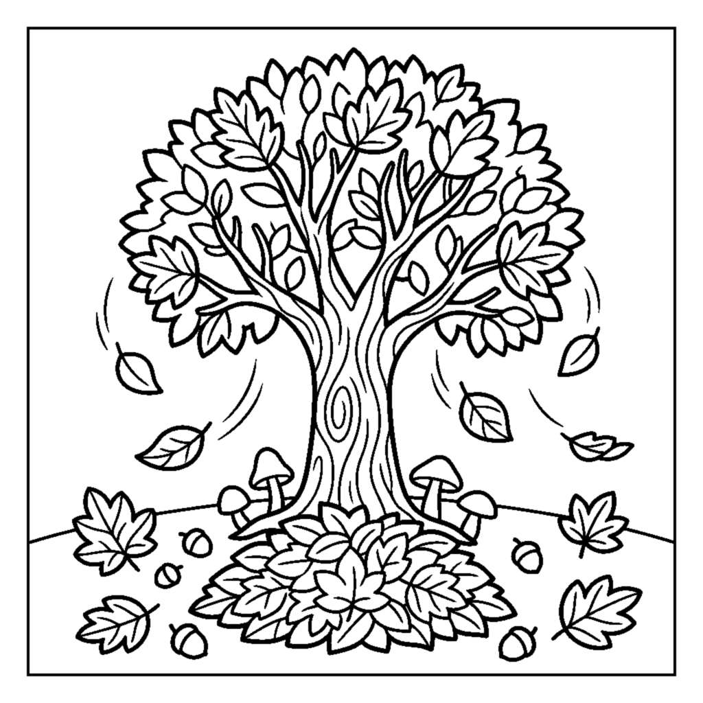 An autumn tree with leaves falling and a pile of leaves at its base coloring page