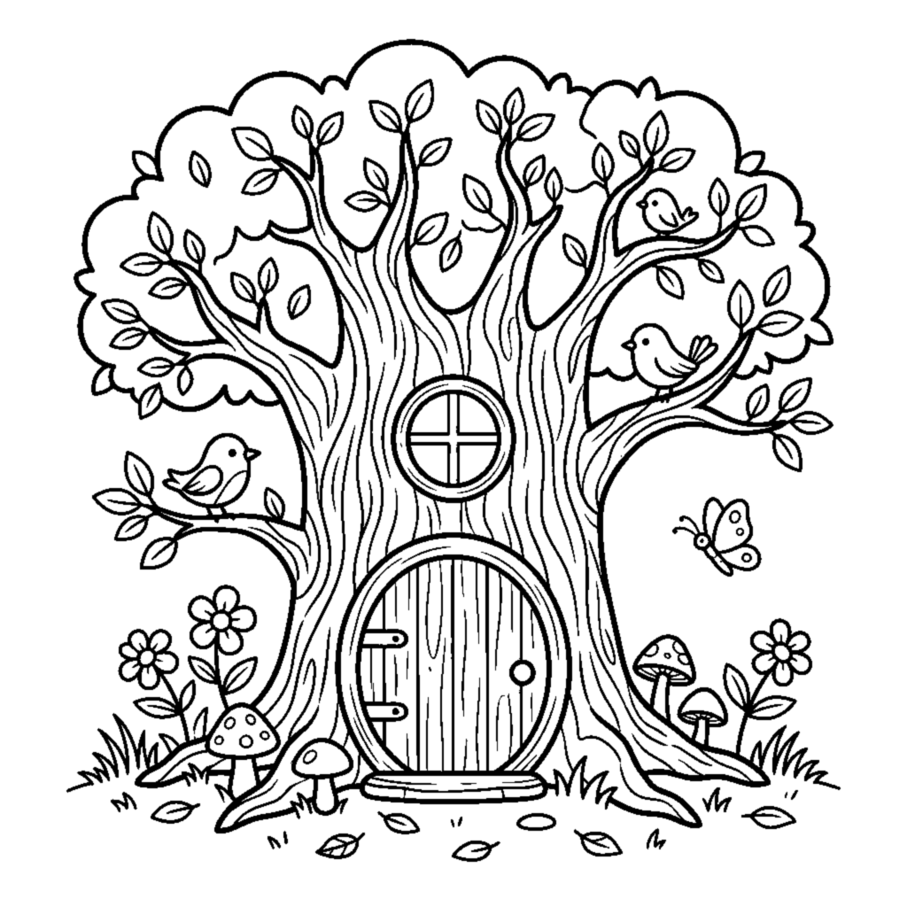 A hollow tree with a little round door and window like a cozy home coloring page