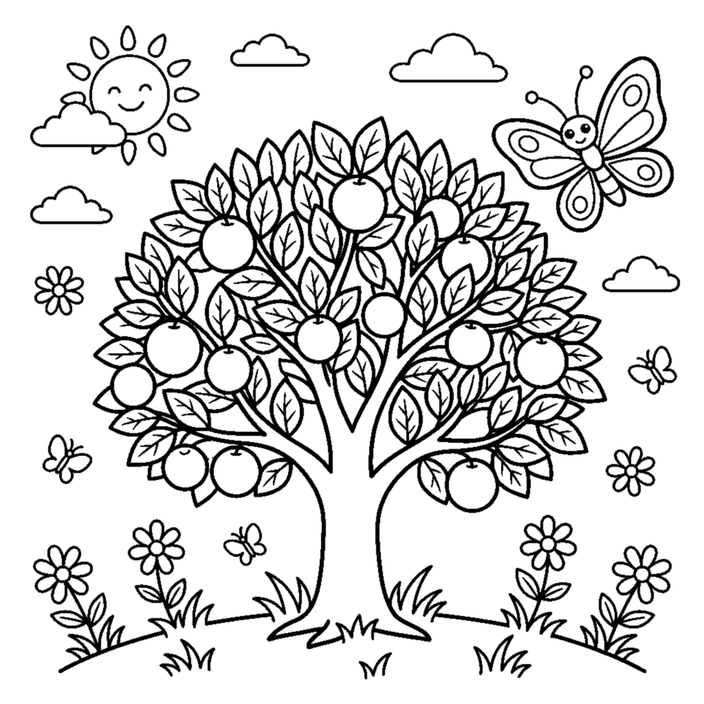 A tree bursting with round oranges and a butterfly fluttering beside it coloring page