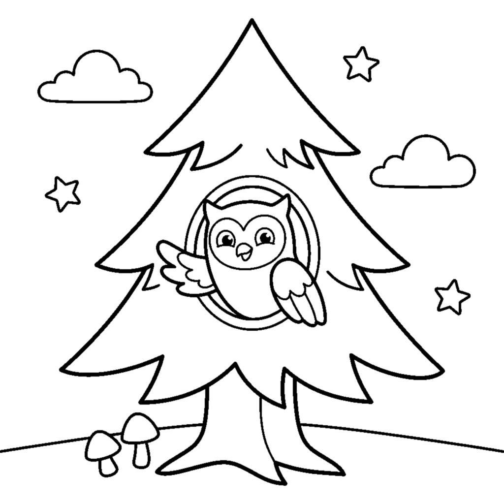 A pine tree with a cheerful owl peeking out from a hole in the trunk coloring page