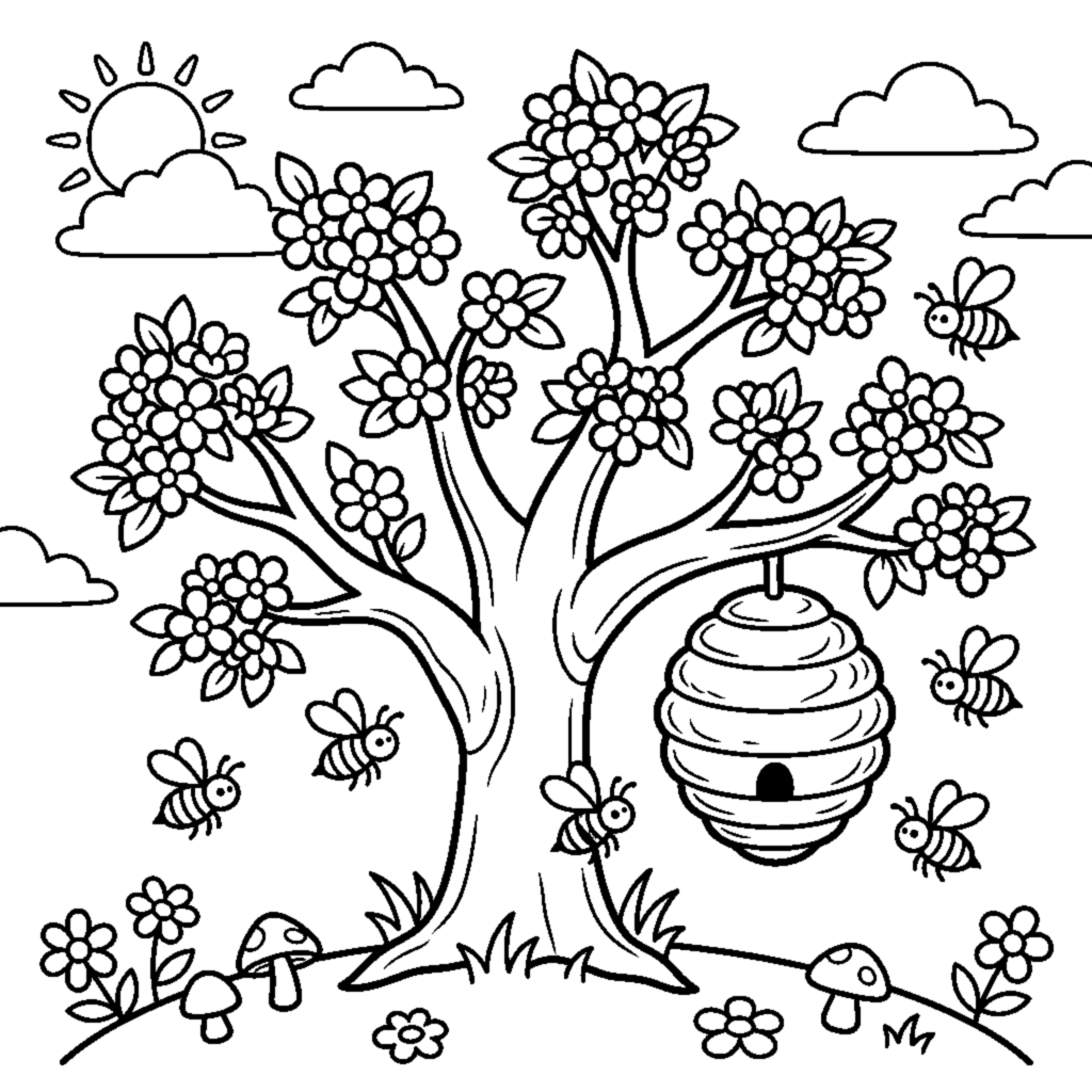 A blossoming tree with a beehive hanging from a branch and buzzing bees coloring page