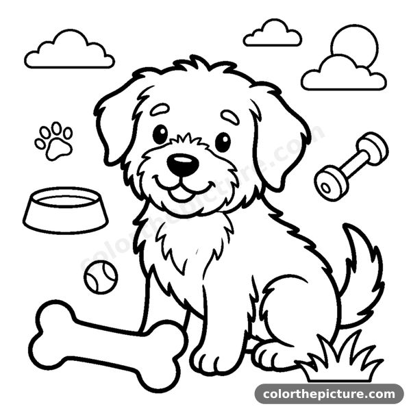 A fluffy puppy sitting next to a big bone coloring page