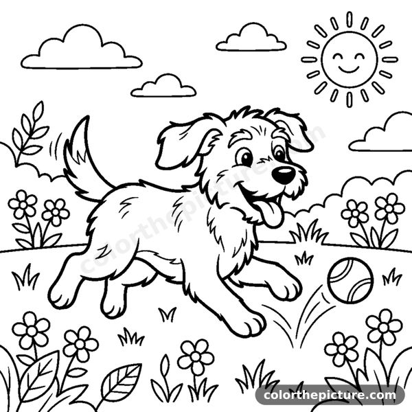 A happy dog running to fetch a bouncing ball coloring page