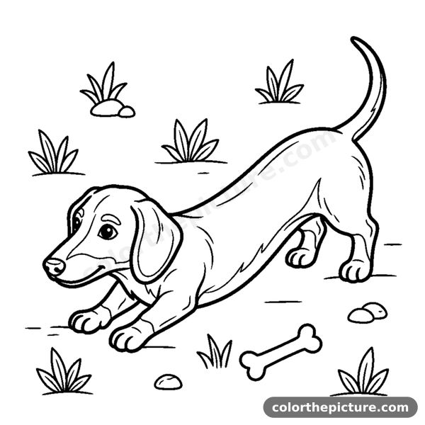 A long dachshund stretching out on the ground coloring page