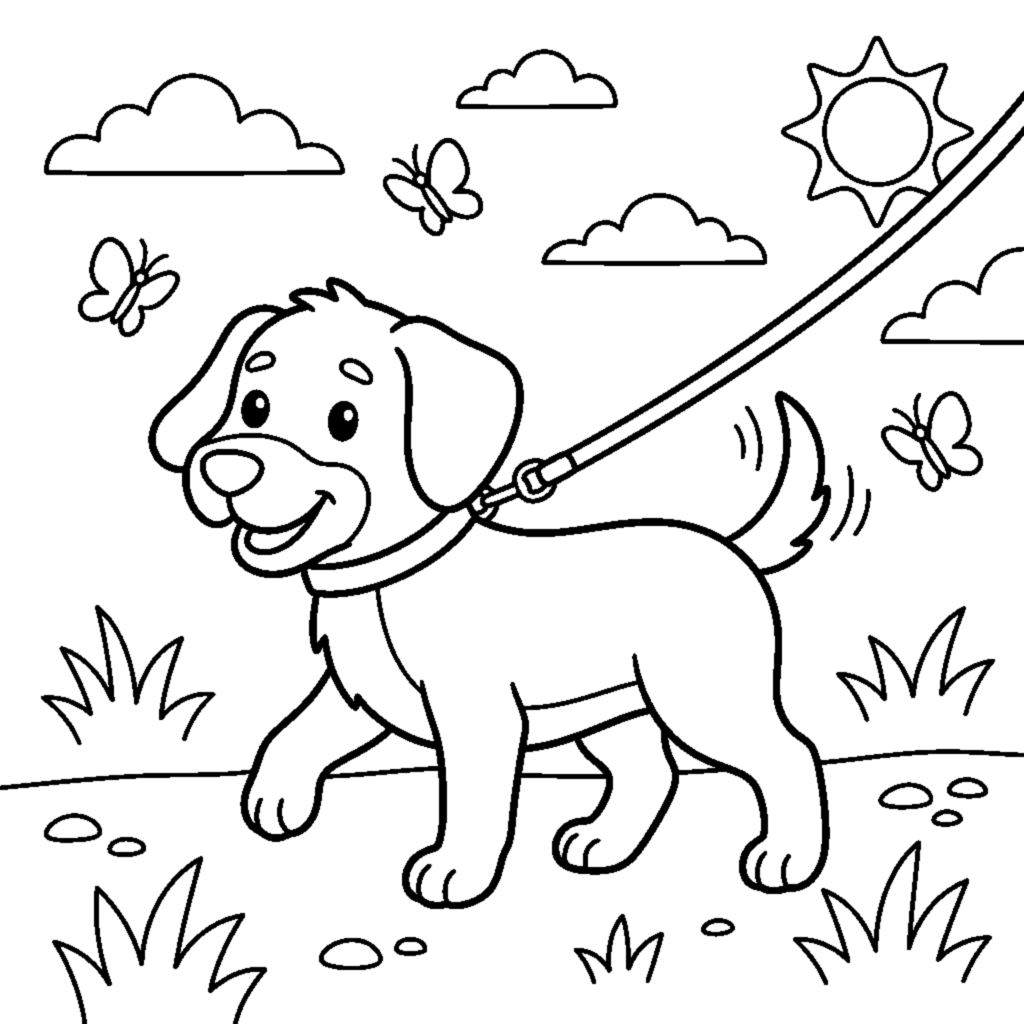 A cheerful dog on a leash going for a walk coloring page