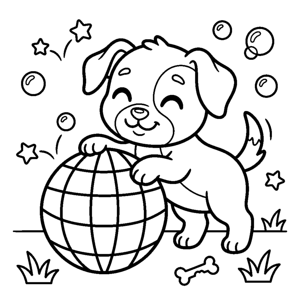 A tiny puppy playing with a bouncy rubber ball coloring page