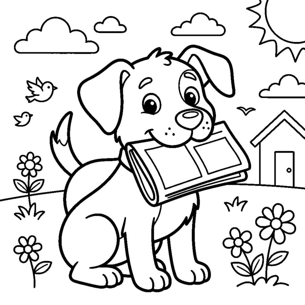 A dog carrying a newspaper in its mouth coloring page